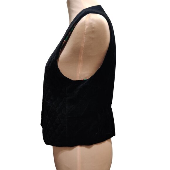 Vintage Talbots M Petite Black Velvet Vest Quilted Front Gold Button Plaid Lined - Picture 3 of 10